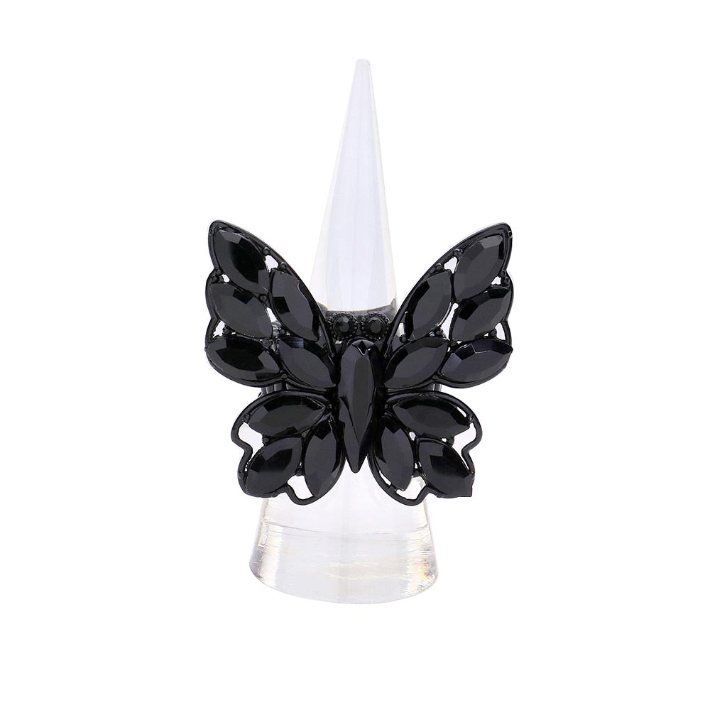 Jet Black Marquise Stone Cluster Butterfly Stretch Ring, is nicely designed with a Bug, Butterfly-theme that will bring a smile when you will gift this beautiful Stretch Ring. Perfect for adding just the right amount of shimmer & shine and a touch of class to any special events or occasion. These are Perfect for any occasion.