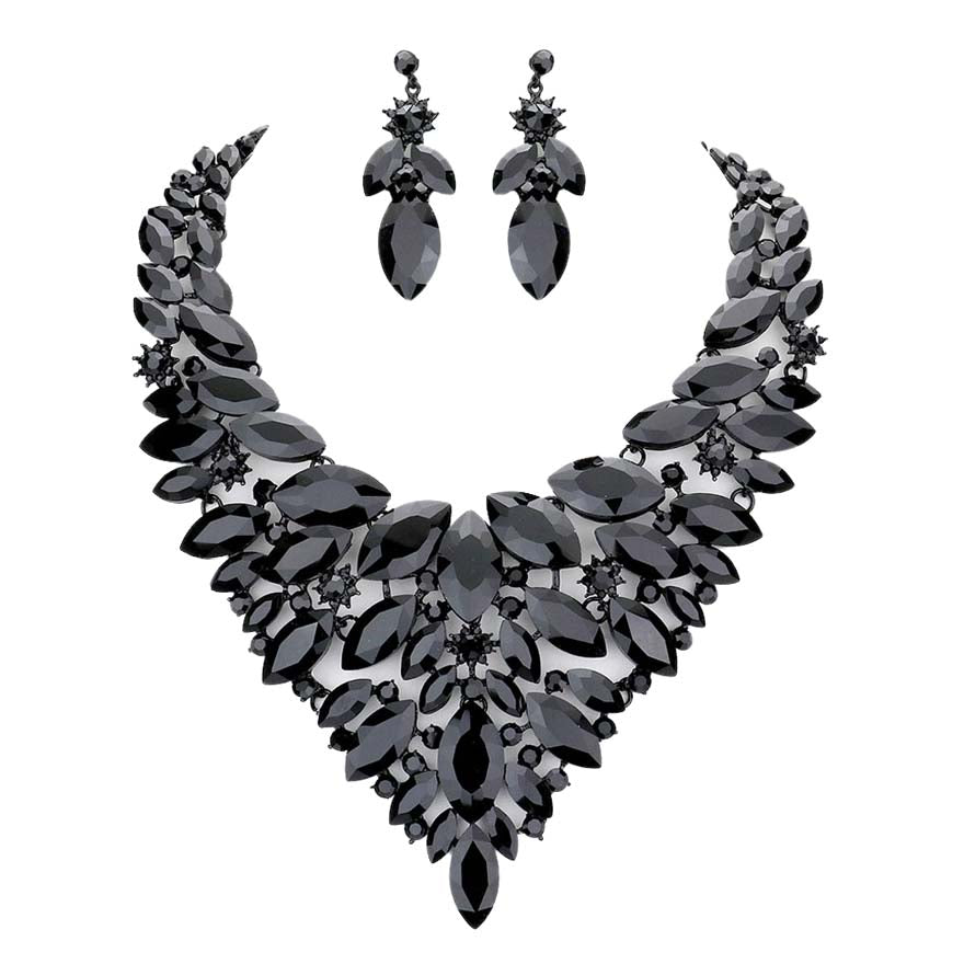 Jet Black Marquise Stone Cluster Statement Evening Necklace, These gorgeous marquise stone cluster jewelry sets will show your perfect beauty & class on any special occasion. The elegance of these stones goes unmatched. Great for wearing at a party, wedding, wedding showers, birthdays, prom, graduation, anniversaries, etc. Perfect for adding just the right amount of glamour and sophistication to important occasions.