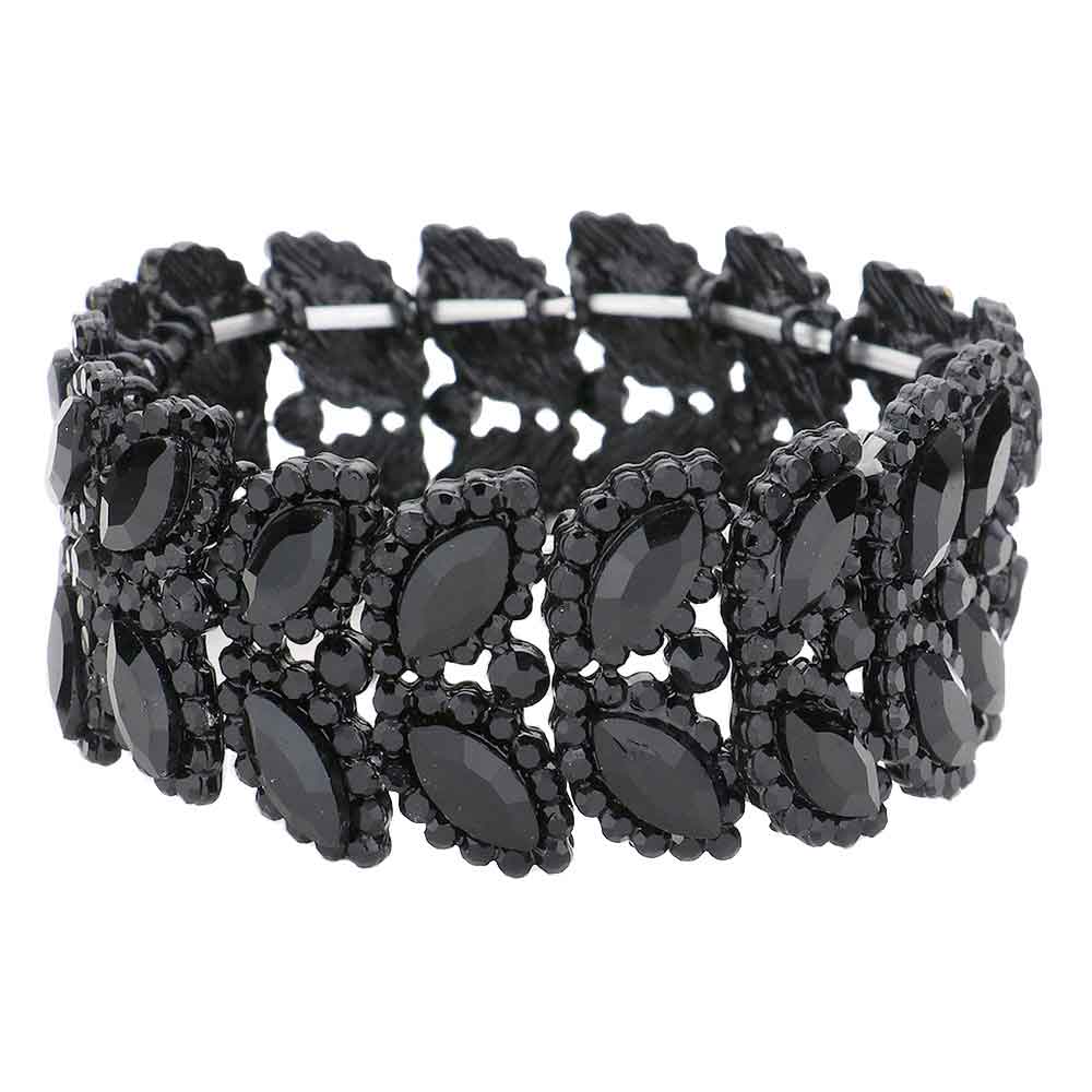 Jet Black Marquise Stone Embellished Stretch Evening Bracelet, This Marquise Stretch Bracelet sparkles all around with it's surrounding round stones, stylish stretch bracelet that is easy to put on, take off and comfortable to wear. It looks modern and is just the right touch to set off LBD. Perfect jewelry to enhance your look. Awesome gift for birthday, Anniversary, Valentine’s Day or any special occasion.