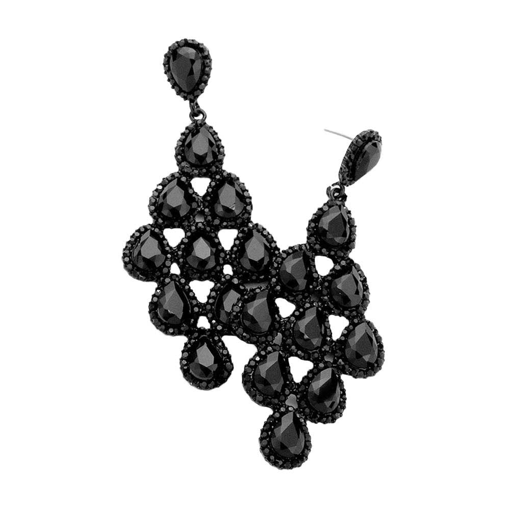 Jet Black Rhinestone Trim Teardrop Cluster Vine Evening Earrings Marquise Special Occasion Earrings; ideal for parties, weddings, graduation, prom, quinceanera, holidays, pair these stud back earrings with any ensemble for a polished look. These earrings pair perfectly with any ensemble from business casual, to night out on the town or a black tie party