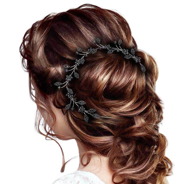 Jet Black Stone Embellished Flower Cluster Vine Bun Wrap Headpiece, Keep your hairstyle as glamorous as you are with this Stone headpiece! Add spectacular sparkle into your hair do. Perfect for adding just the right amount of shimmer & shine, will add a touch of class, beauty and style to your wedding, prom, special events, embellished flower leaf cluster to keep your hair sparkling all day & all night long. 