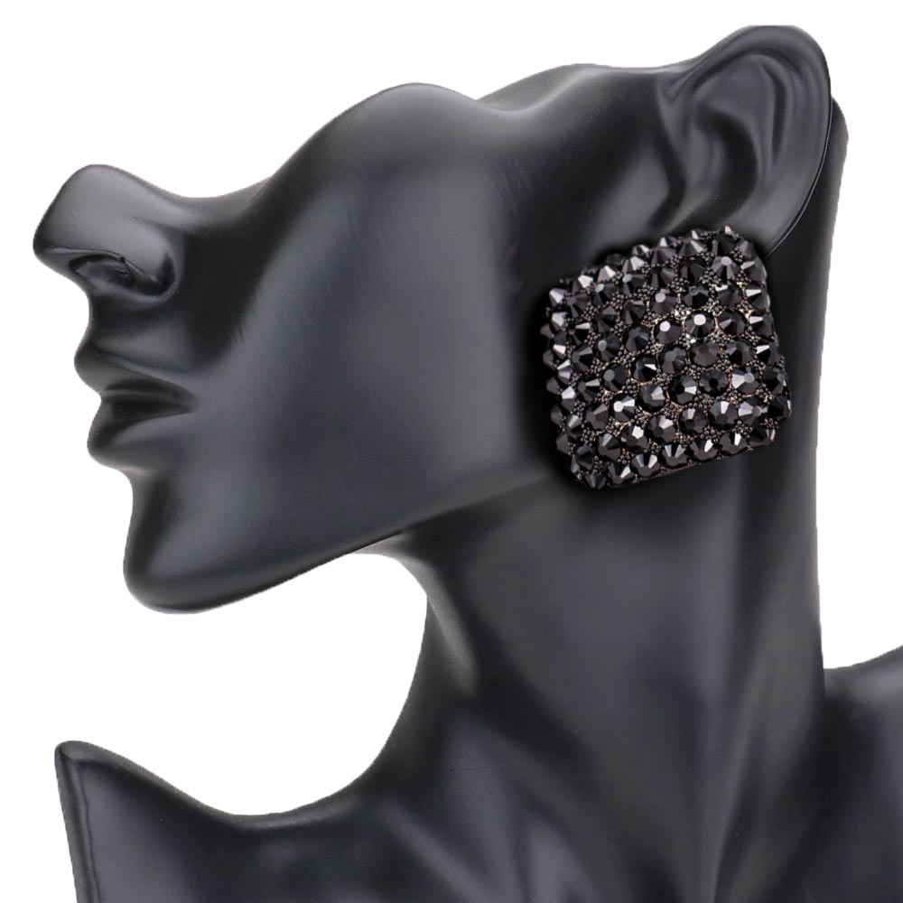 Jet Black Stone Embellished Rhombus Earrings, elegance becomes you in these shiny glamorous stone embellished earrings. The perfect sparkling accessory to add sophisticated luxe and a touch of perfect class to your next social event. Coordinate these rhombus earrings with any ensemble from business casual wear. Coordinate every outfit with beauty and gorgeousness. Stay classy!