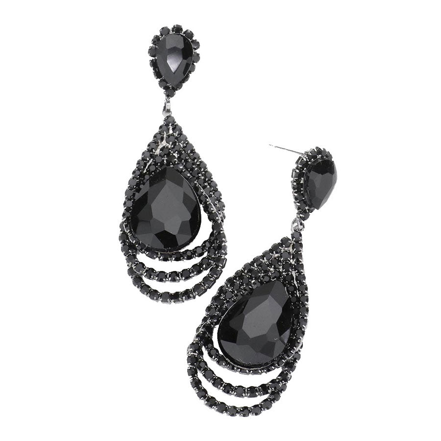 Jet Black Teardrop Centered Rhinestone Trimmed Dangle Evening Earrings. Beautifully crafted design adds a gorgeous glow to any outfit. Jewelry that fits your lifestyle! Perfect Birthday Gift, Anniversary Gift, Mother's Day Gift, Anniversary Gift, Graduation Gift, Prom Jewelry, Just Because Gift, Thank you Gift.