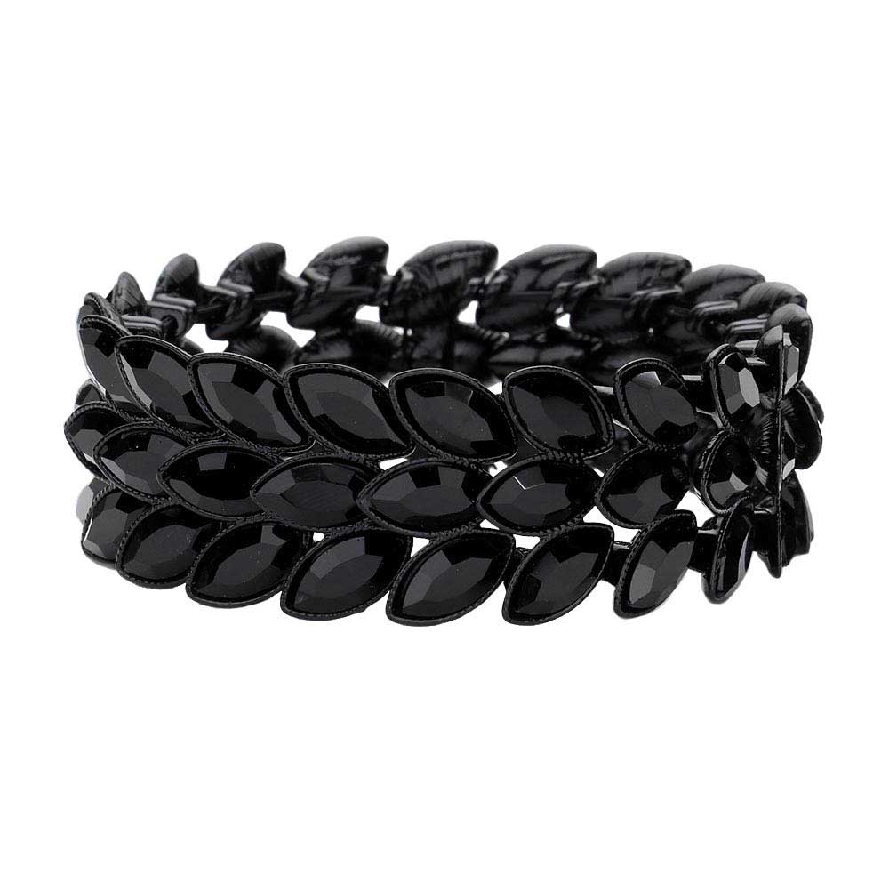 Jet Black 3Rows Marquise Stone Cluster Stretch Evening Bracelet, This Marquise Stretch Bracelet sparkles all around with it's surrounding round stones, stylish stretch bracelet that is easy to put on, take off and comfortable to wear. It looks modern and is just the right touch to set off LBD. Perfect jewelry to enhance your look. Awesome gift for birthday, Anniversary, Valentine’s Day or any special occasion.