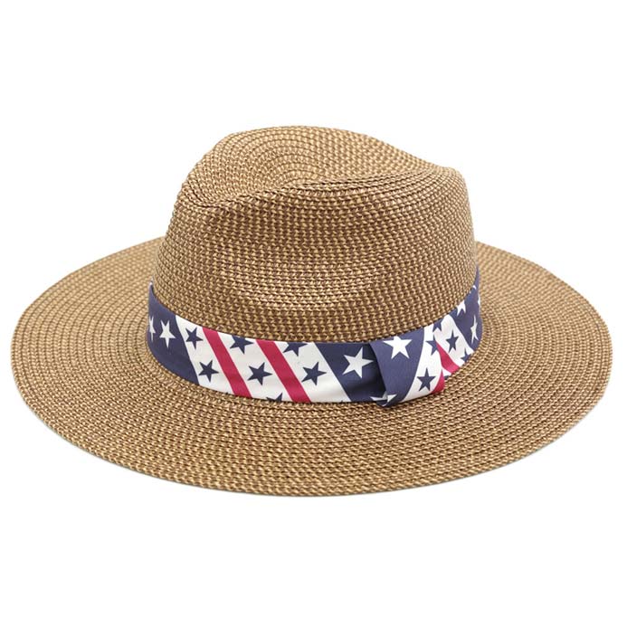Khaki American USA Flag Band Panama Straw Sun Hat, Show your patriotic side with this cute Panama Straw Hat featuring with star theme USA flag Band. Large comfortable, and perfect for keeping the sun off of your face, neck, and shoulders. It's a perfect Birthday, Mother's Day, Anniversary, or Vacation gift Giftware.