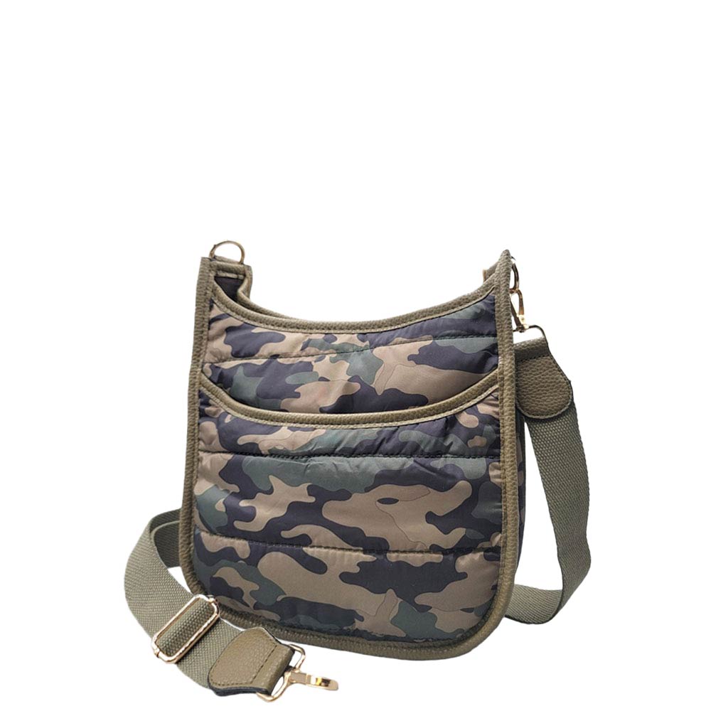 Khaki Camouflage Quilted Shiny Puffer Mini Crossbody Bag, Complete the look of any outfit on all occasions with this Shiny Puffer Mini Crossbody. This mini bag offers enough room for your essentials. With a One Inside Zipper Pocket, two inside slip pockets, and a secured Magnetic Closure at the top, this bag will be your new go-to! These beautiful and trendy Crossbodies have adjustable and detachable hand straps that make your life more comfortable.