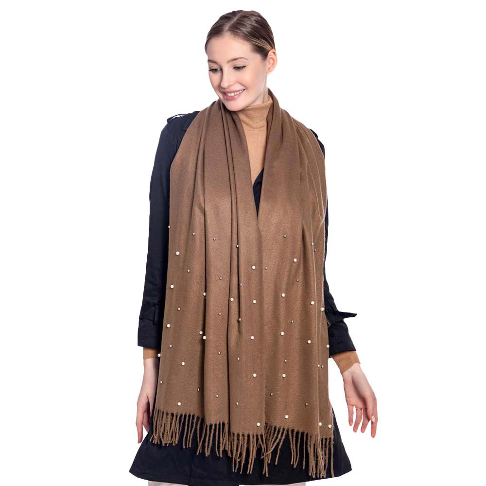 Khaki Pearl Embellished Solid Oblong Scarf, delicate, These Winter scarfs for women are elegant, and lightweight and can be added to any outfit to keep up with the latest color trends. Warm, on-trend & fabulous, a luxe addition to any cold-weather ensemble. Lovely pearl decoration makes you look chic and fashionable.