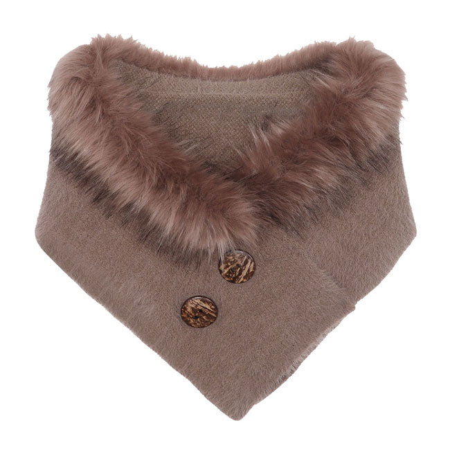 Khaki Romy Soft Warm Faux Fur Collar Scarf Double Button Detail Scarf Scarf Faux Fur Shrug, warm cozy over the shoulder scarf, plushy addition to any cold-weather ensemble, adds a modern touch to the cozy style with a furry faux fur accent. Put over jacket, jazz up your look. Perfect Gift Birthday, Christmas, Holiday, Anniversary, Loved One