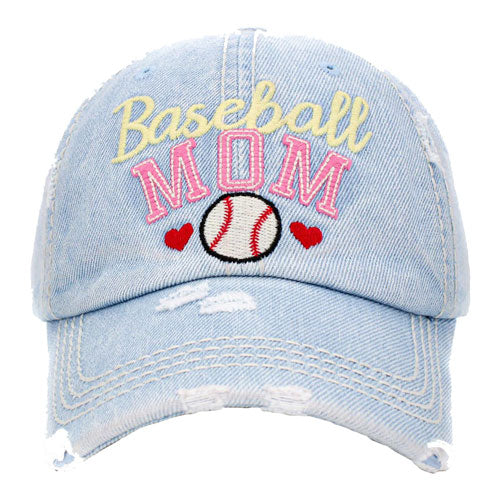 L.Denim Baseball MOM Vintage Baseball Cap. Fun cool Mother Sports themed vintage cap. Perfect for walks in sun, great for a bad hair day. The distressed frayed style with faded color gives it an awesome vintage look. Soft textured, embroidered message with fun statement will become your favorite cap.