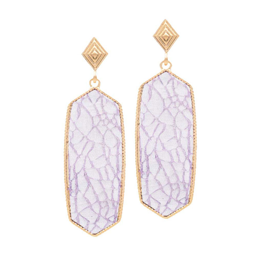 Lavender Patterned Hexagon Dangle Earrings. put on a pop of color to complete your ensemble. Beautifully crafted design adds a gorgeous glow to any outfit Perfect for adding just the right amount of shimmer & shine . Perfect for Birthday Gift, Valentine's Gift, Anniversary Gift, Mother's Day Gift, Graduation Gift. 