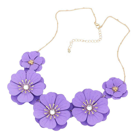 Lavender Bloom Flower Link Necklace, carefully crafted, delicately put together, this beautiful statement necklace and earrings will bring a lovely pop of color to your look, giving you the feeling that you have been touched by sunshine. Bright floral design will coordinate with any ensemble from business casual to everyday wear. This beautiful Flower themed necklace are the perfect gift for the women in our lives who love flower.