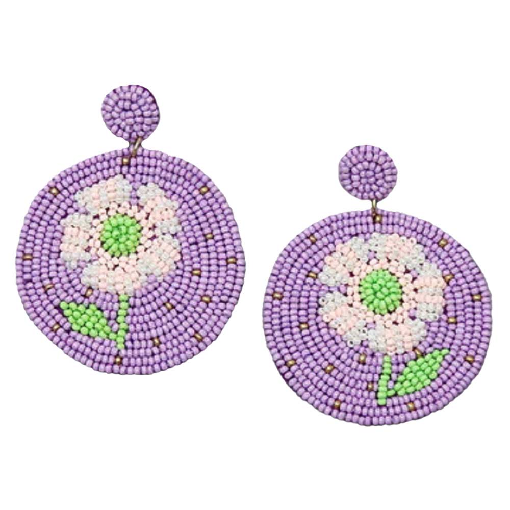 Lavender Flower Disc Seed Bead Earrings, enhance your attire with these beautiful seed-beaded earrings to show off your fun trendsetting style. It Can be worn with any daily wear such as shirts, dresses, T-shirts, etc. These flower disc earrings will garner compliments all day long. Whether you're wearing a dress or a coat, these earrings will make you look more glamorous and beautiful. 