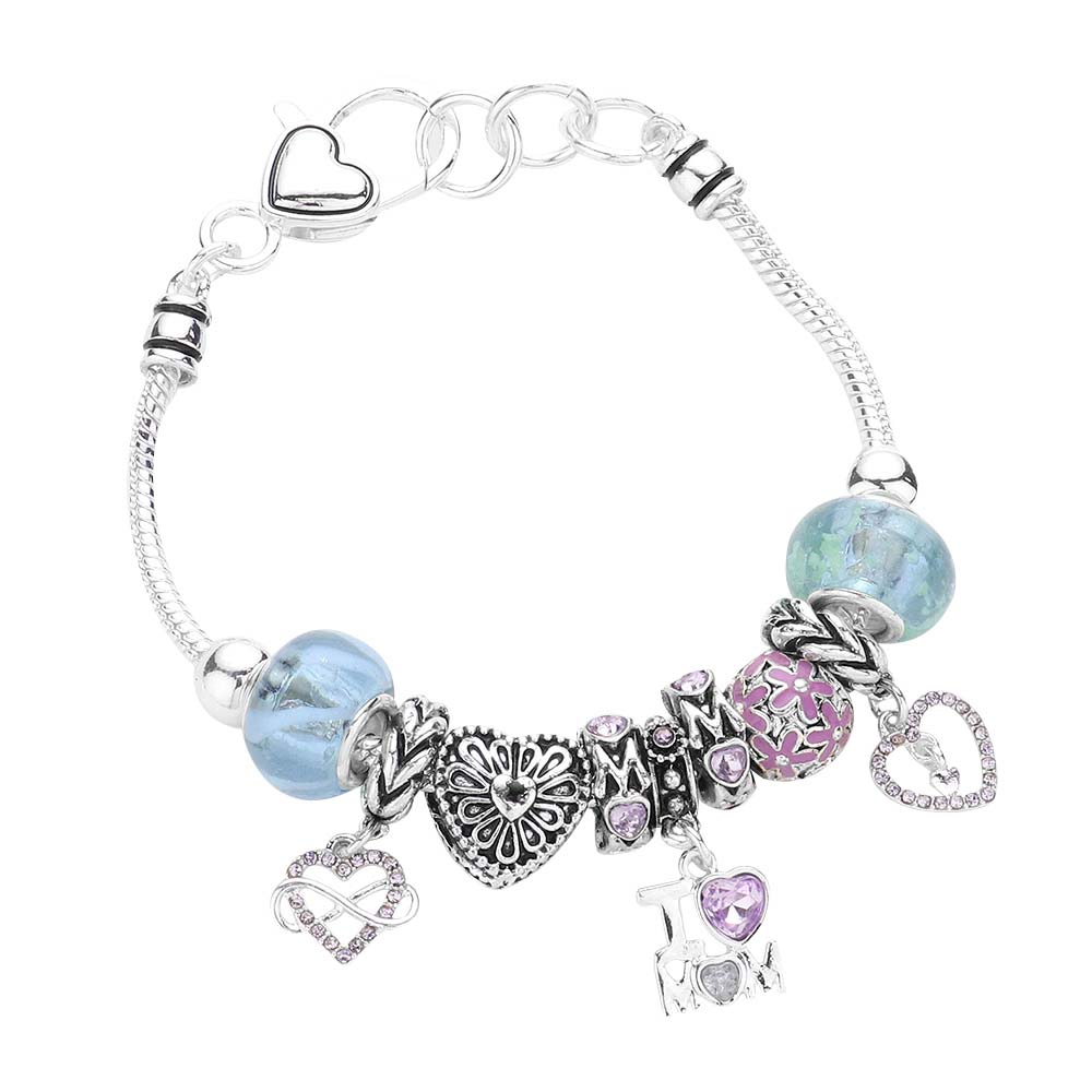 Lavender Infinity Heart I Love Mom Message Charm Multi Bead Bracelet, Simple sophistication gives a lovely fashionable glow to any outfit style to your mom. Show your love for Mother with this beautiful Multi Bead Bracelet. An excellent gift for your mom on her anniversary, valentine's day, or any other meaningful occasion.