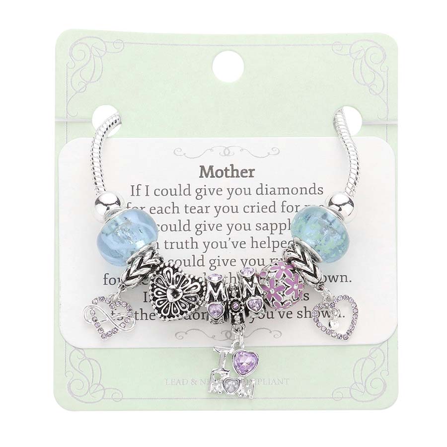 Lavender Infinity Heart I Love Mom Message Charm Multi Bead Bracelet, Simple sophistication gives a lovely fashionable glow to any outfit style to your mom. Show your love for Mother with this beautiful Multi Bead Bracelet. An excellent gift for your mom on her anniversary, valentine's day, or any other meaningful occasion.