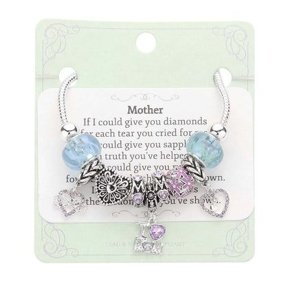 Lavender Infinity Heart I Love Mom Message Charm Multi Bead Bracelet, Simple sophistication gives a lovely fashionable glow to any outfit style to your mom. Show your love for Mother with this beautiful Multi Bead Bracelet. An excellent gift for your mom on her anniversary, valentine's day, or any other meaningful occasion.