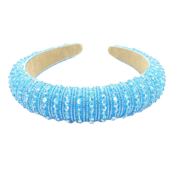 Light Blue Bicone Beaded Padded Headband, sparkling placed on a wide padded headband making you feel extra glamorous especially when crafted from bicone beaded velvet. Push back your hair with this pretty plush headband, spice up any plain outfit! Be ready to receive compliments. Be the ultimate trendsetter wearing this chic headband with all your stylish outfits! 
