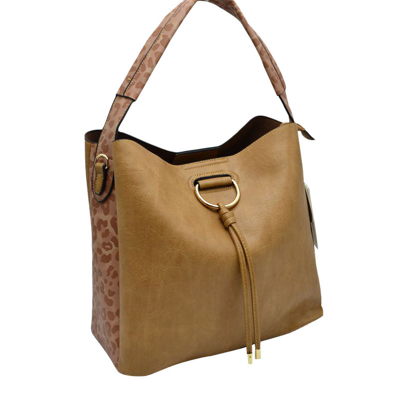 Light Brown Leopard Detail D Ring 2-in-1 Shoulder Vegan Leather Hand Bag, This handbag features a top zipper closure. Add a relaxed and trendy style to your look with this go-to Shoulder bag for women. This spacious handbag features a roomy interior to hold all your essentials. It has an extra purse that you can use to carry with handbag or itself. Perfect for the Trips, Vacation, Travel, School, Shopping or any other kind of Leisure Activities.