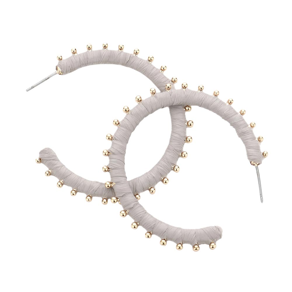 Light Gray Metal Ball Trimmed Raffia Wrapped Hoop Earrings, enhance your attire with these beautiful raffia earrings to show off your fun trendsetting style. Get a pair as a gift to express your love for any woman person or for just for you on birthdays, Mother‚Äö√Ñ√¥s Day, Anniversary, Holiday, Christmas, Parties, etc.