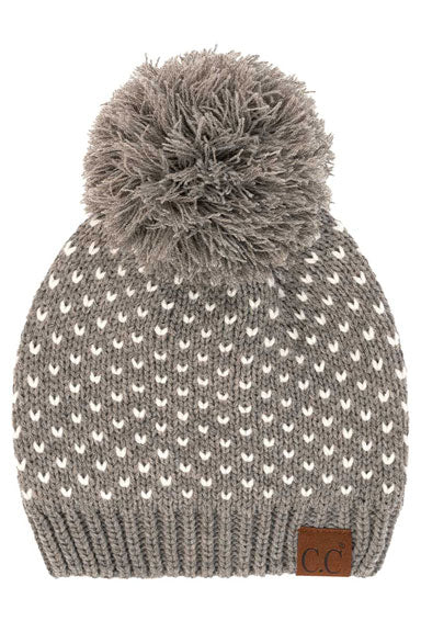 Light Melange Gray Ivory C.C Heart Pattern Knit Pom Beanie Hat, before running out the door into the cool air, you’ll want to reach for this toasty beanie to keep you incredibly warm. Accessorize the fun way with this faux fur pom pom hat, it's the autumnal touch you need to finish your outfit in style. Awesome winter gift accessory! Perfect Gift Birthday, Christmas, Stocking Stuffer, Secret Santa, Holiday, Anniversary, Valentine's Day, Loved One.