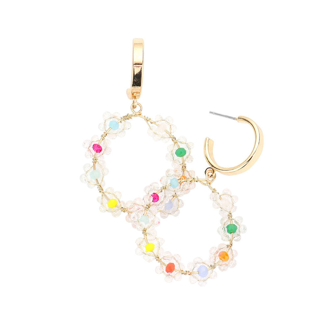 Light Multi Faceted Beads Flower Circle Metal Wire Dangle Earrings. Beautifully crafted design adds a gorgeous glow to any outfit. Flower Beaded fun handcrafted jewelry that fits your lifestyle, adding a pop of pretty color. Wearing this earring extend you natural beauty. Perfect Birthday Gift, Anniversary Gift, Mother's Day Gift, Graduation Gift, Prom Jewelry, Just Because Gift, Thank you Gift. 