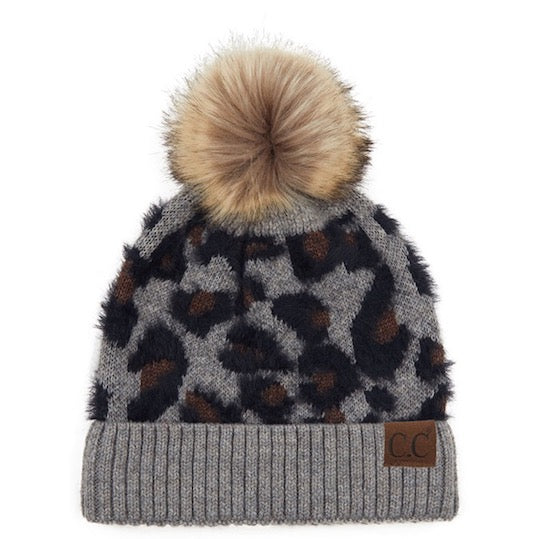 Light Grey C.C Leopard Patterned Plush Faux Fur Pom Pom Warm Winter Beanie Hat; reach for this classic toasty hat to keep you nice n warm in the chilly winter weather, the wintry touch finish to your outfit. Perfect Gift Birthday, Christmas, Holiday, Anniversary, Stocking Stuffer, Secret Santa, Valentine's Day, Loved One, BFF