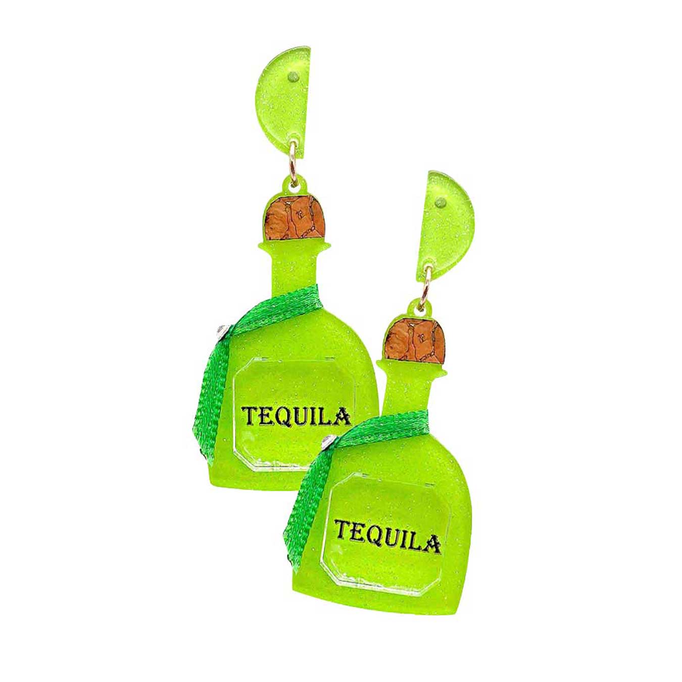 Lime Glittered Resin Tequila Dangle Earrings. These fashionable trendy tequila bottle earrings  are suitable for every girl!  These gorgeous earrings are unique in design, light and sparky. Perfect for Valentine’s Day, bachelorette party, Beach Party, Vacation Earrings, Party Earrings, Party Favors to glam up your party outfit.