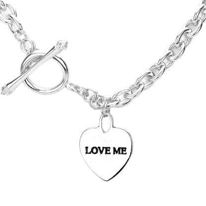 Rhodium Heart Love Me Necklace Toggle closure, wear it with your favorite tops & dresses all year round! This piece is versatile & goes with practically anything! This Chic necklace is a great gift, Perfect Birthday Gift, Valentine's Day Gift, Anniversary Gift, Mother's Day Gift, Just Because, Thank you, Love you!