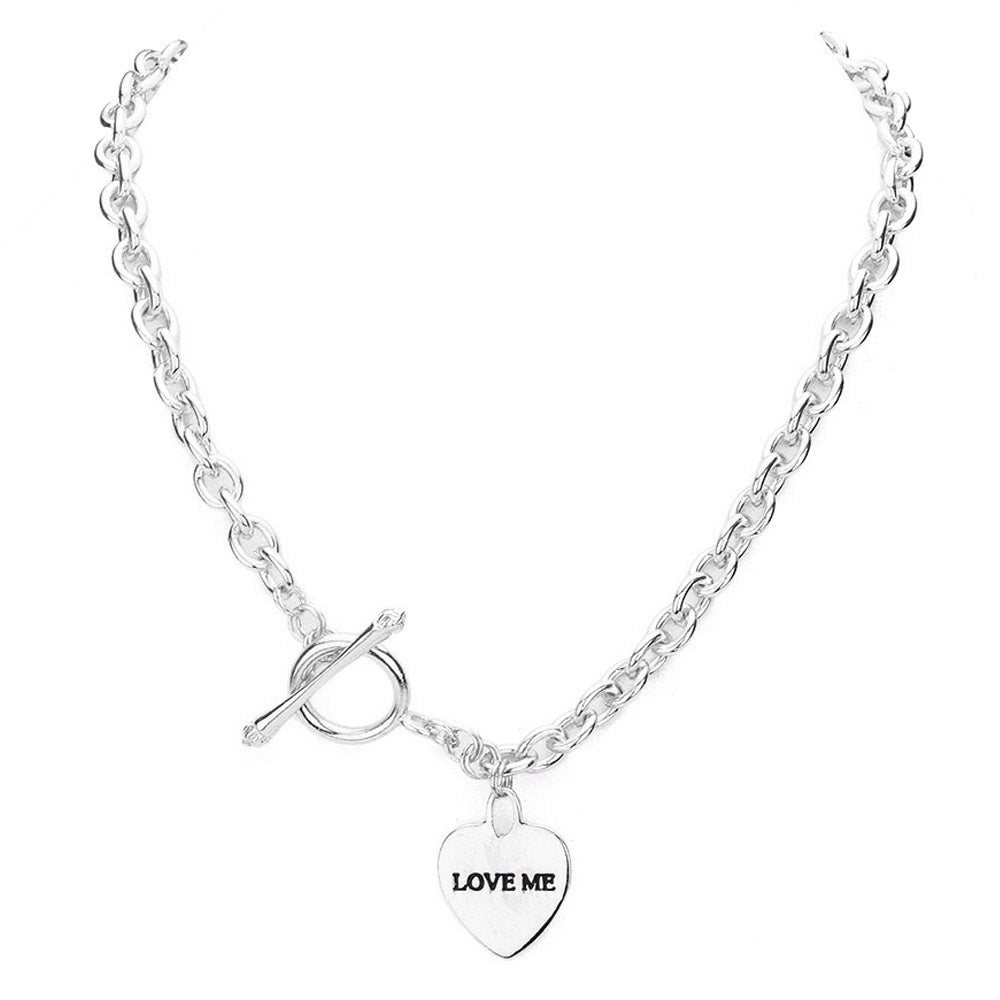 Silver Heart Love Me Necklace Toggle closure, wear it with your favorite tops & dresses all year round! This piece is versatile & goes with practically anything! This Chic necklace is a great gift, Perfect Birthday Gift, Valentine's Day Gift, Anniversary Gift, Mother's Day Gift, Just Because, Thank you, Love you!