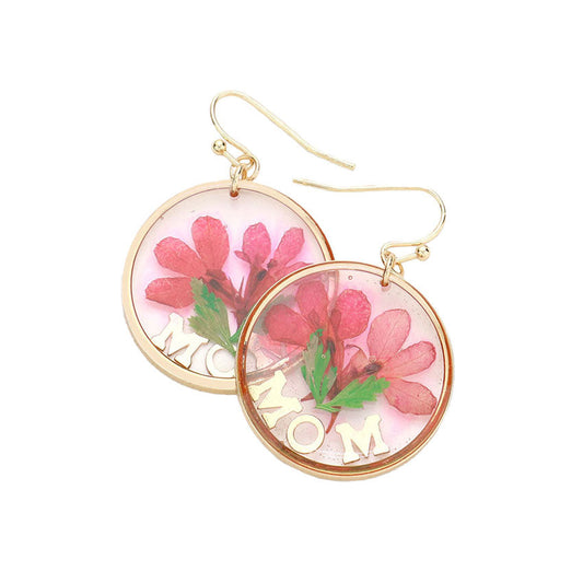 Lucite Mom Pressed Flower Clear Lucite Round Dangle Earrings, put on a pop of color to complete your ensemble. Beautifully crafted design adds a gorgeous glow to any outfit. Perfect jewelry gift to expand a woman's fashion wardrobe with a modern, on trend style. Perfect for Birthday Gift, Anniversary Gift, Mother's Day Gift, Graduation Gift.