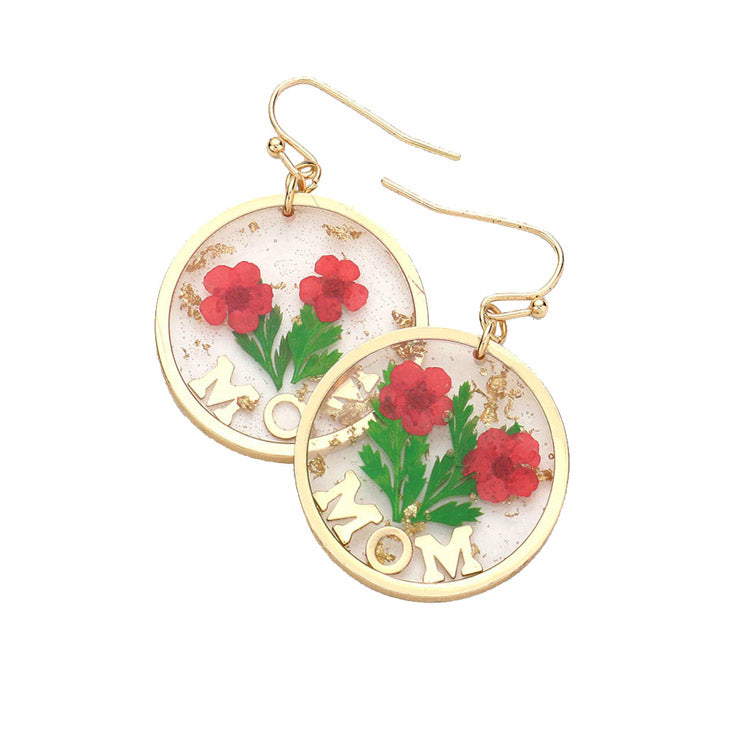 Red Pressed Flower Earrings, MOM Pressed Flower Clear Lucite Round Earring, delicately sweet adds a touch of nature-inspired beauty to your look. Show mom how much you love her, coordinates with any ensemble, the perfect addition to every outfit. Perfect Birthday Gift, Mother's Day Gift, Anniversary Gift, Thank you Gift, Just Because Gift