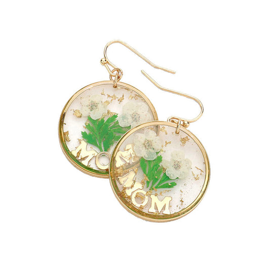 White Pressed Flower Earrings, MOM Pressed Flower Clear Lucite Round Earring, delicately sweet adds a touch of nature-inspired beauty to your look. Show mom how much you love her, coordinates with any ensemble, the perfect addition to every outfit. Perfect Birthday Gift, Mother's Day Gift, Anniversary Gift, Thank you Gift, Just Because Gift