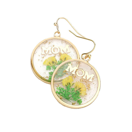 Yellow Pressed Flower Earrings, MOM Pressed Flower Clear Lucite Round Earring, delicately sweet adds a touch of nature-inspired beauty to your look. Show mom how much you love her, coordinates with any ensemble, the perfect addition to every outfit. Perfect Birthday Gift, Mother's Day Gift, Anniversary Gift, Thank you Gift, Just Because Gift