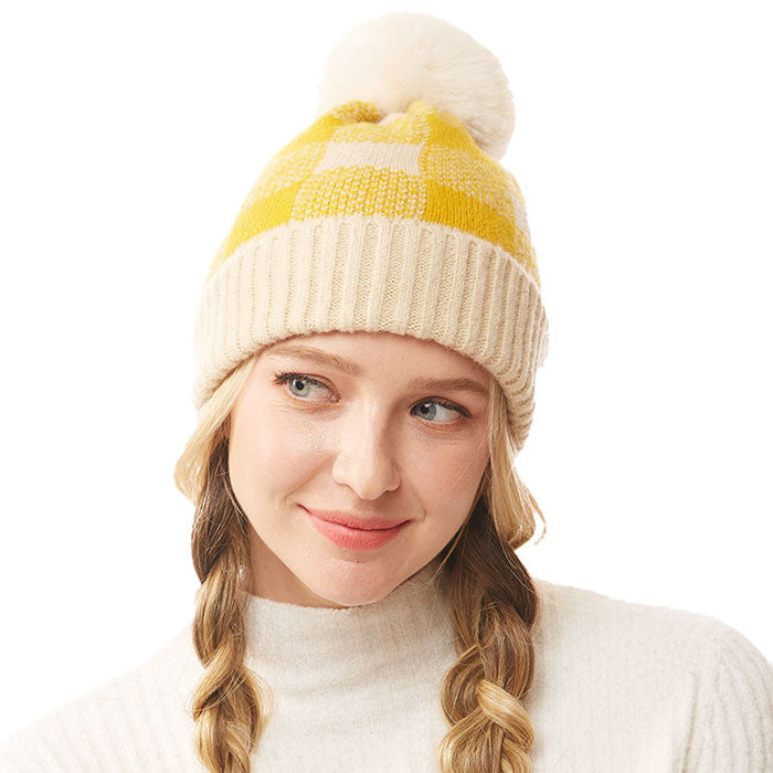 MUSTARD Buffalo Check Knit Pom Pom Beanie Hat. Before running out the door into the cool air, you’ll want to reach for these toasty beanie to keep your hands incredibly warm. Accessorize the fun way with these beanie , it's the autumnal touch you need to finish your outfit in style. Awesome winter gift accessory!