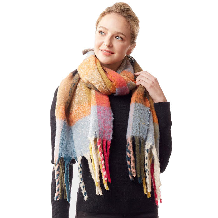 Mustard Multi Color Plaid Check Fuzzy Oblong Scarf. Abstract Printed Colorful Pattern Stylish Fringe Poncho Outwear Ruana Shawl Cape, the perfect accessory, luxurious, trendy, super soft chic capelet, keeps you warm and toasty. You can throw it on over so many pieces elevating any casual outfit! Perfect Gift for Wife, Mom, Birthday, Holiday, Christmas, Anniversary, Fun Night Out