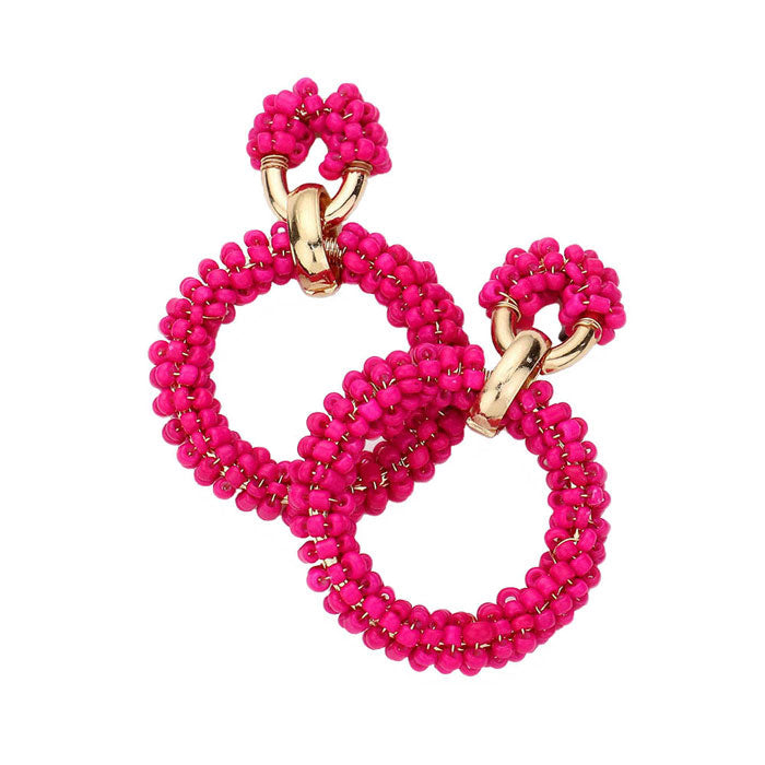 Magenta Seed Beaded Open Circle Dangle Earrings, Open Circle Design Statement Dangle Earrings, jewelry that fits your lifestyle, adding a pop of pretty color. Enhance your attire with this vibrant handcrafted beautiful modish statement jewelry! perfectly lightweight for all-day wear, coordinate with any ensemble from business casual to everyday wear, the perfect addition to any outfit.