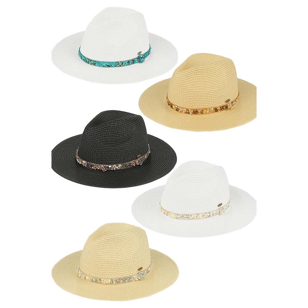 Main C.C Gem Stone Trim Band Straw Panama Sunhat, Keep your styles on even when relaxing at the pool or playing at the beach. Large, comfortable, and perfect for keeping the sun off your face, neck, and shoulders. Perfect summer, beach accessory. Ideal for travelers who are on vacation or just spending some time in the great outdoors. A great sunhat can keep you cool and comfortable even when the sun is high in the sky. 