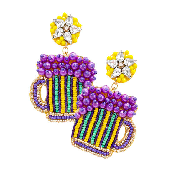 Mardi Gras Felt Back Pearl Multi Beaded Beer Dangle Earrings