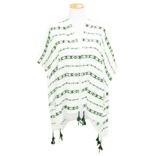 Mint Aztec Pattern Tassel Poncho, These Ponchos feature an Aztec pattern with a tassel design easy to pair with so many tops. Lightweight and Breathable Fabric, sophisticated, flattering, and Comfortable to Wear. The fashionable and stylish Aztec pattern design is great for year-round wear on any occasion from casual to formal. Look perfectly breezy and laid-back as you head to the beach.