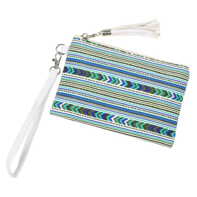 Mint Aztec Patterned Woven Wristlet Pouch Bag, you will look like the ultimate fashionista when carrying this Aztec patterned woven wristlet pouch bag. Perfect for carrying makeup, money, credit cards, keys or coins, etc. It's perfectly lightweight and simple, yet beautiful. It will be your new favorite accessory to hold onto all your necessary items. Easy to carry especially when you need hands-free and lightweight to run errands or a night out on the town.