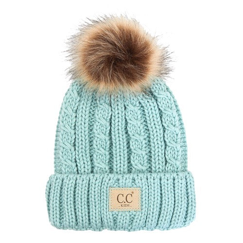 Mint Kids Cable Ribbed Beanie With Natural Faux Fur Pom Pom Warm Winter Hat; reach for this classic toasty hat to keep you nice n warm in the chilly winter weather, the wintry touch finish to your outfit. Perfect Gift Birthday, Christmas, Holiday, Anniversary, Stocking Stuffer, Secret Santa, Valentine's Day, Loved One, BFF