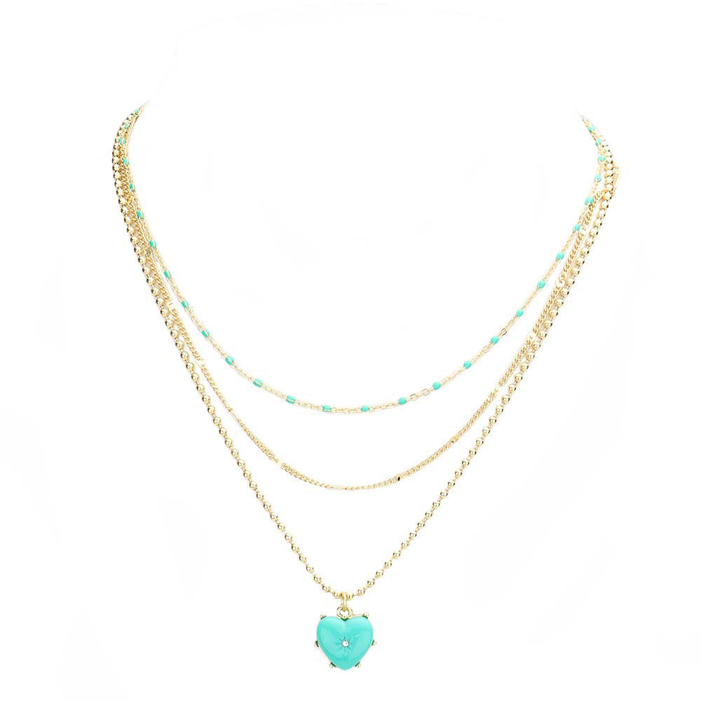 Mint Heart Pendant Triple Layered Necklace, This beautiful heart-themed necklace is the ultimate representation of your class & beauty. Get ready with these Pendant Necklaces to put on a pop of color to complete your ensemble in perfect style. Perfect for adding just the right amount of shimmer & shine and a touch of class to any event or occasion. Absolutely an excellent gift for your friends, family, and the persons you love and care about the most.