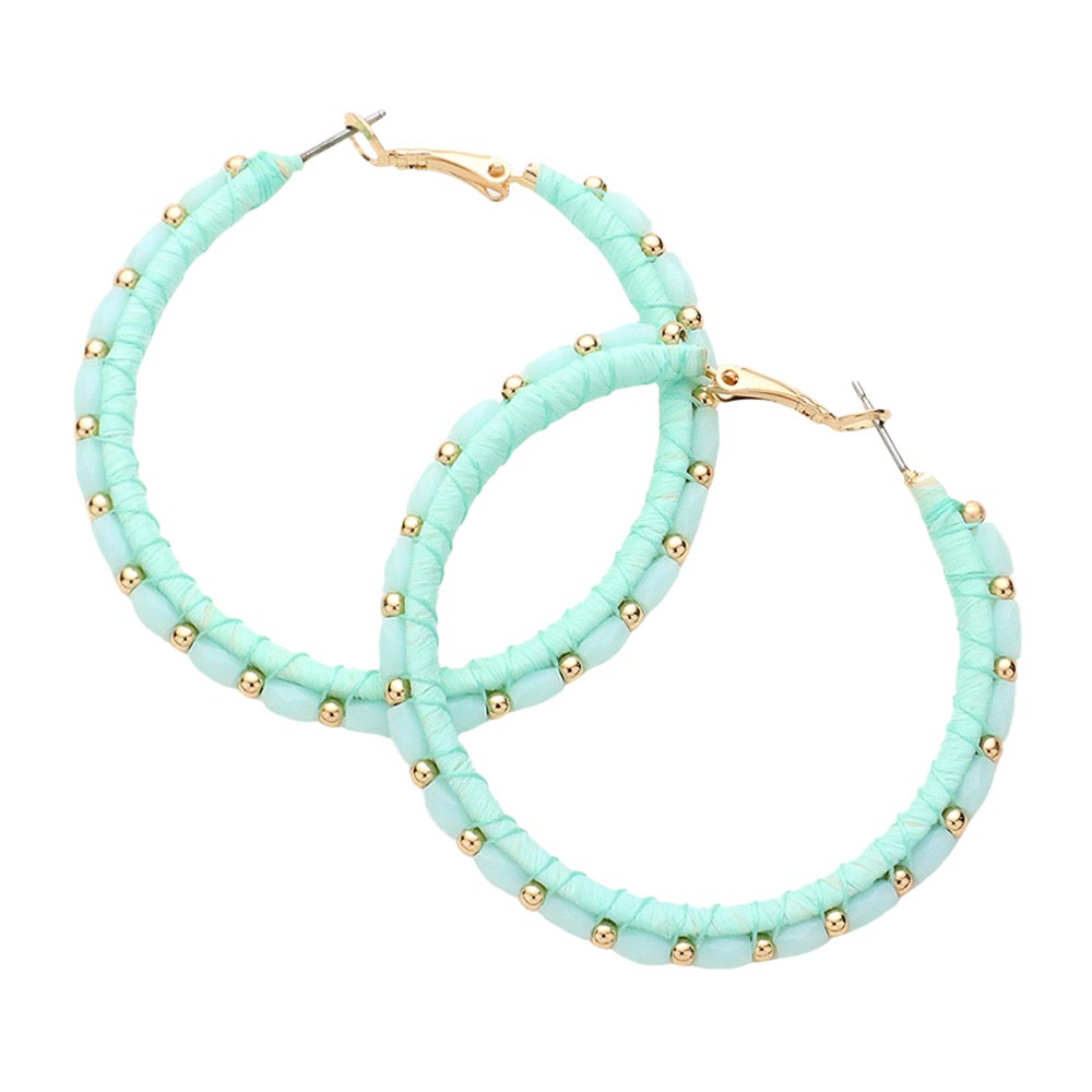 Mint Metal Ball Rectangle Bead Trimmed Raffia Hoop Earrings, enhance your attire with these beautiful raffia earrings to show off your fun trendsetting style. Get a pair as a gift to express your love for any woman person or for just for you on birthdays, Mother’s Day, Anniversary, Holiday, Christmas, Parties, etc.