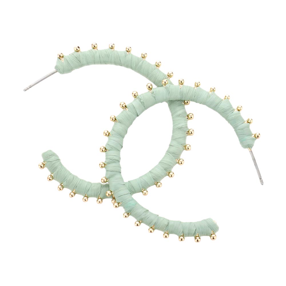 Mint Metal Ball Trimmed Raffia Wrapped Hoop Earrings, enhance your attire with these beautiful raffia earrings to show off your fun trendsetting style. Get a pair as a gift to express your love for any woman person or for just for you on birthdays, Mother‚Äö√Ñ√¥s Day, Anniversary, Holiday, Christmas, Parties, etc.