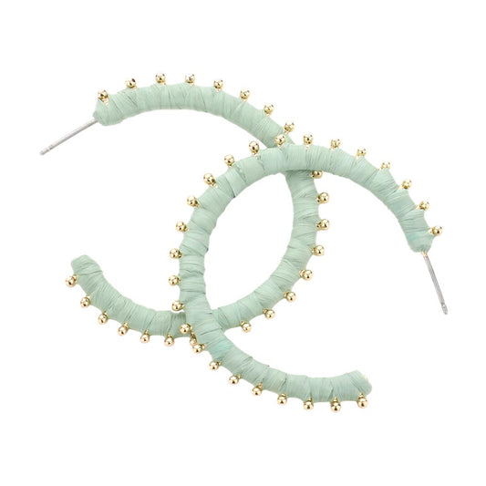 Mint Metal Ball Trimmed Raffia Wrapped Hoop Earrings, enhance your attire with these beautiful raffia earrings to show off your fun trendsetting style. Get a pair as a gift to express your love for any woman person or for just for you on birthdays, Mother‚Äö√Ñ√¥s Day, Anniversary, Holiday, Christmas, Parties, etc.