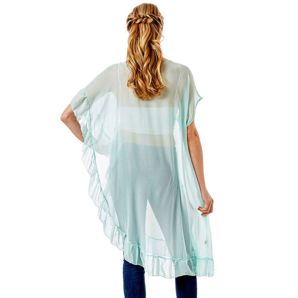 Mint Solid Color Half Ruffled Cover-Up Poncho, This lightweight ponchos for women have plenty of stretch with lovely draping. The added ruffle edge gives better coverage with a feminine look. Feel sexy and comfortable no matter where you are. This unique poncho top can be worn in a variety of ways. A warp poncho that will complement every outfit you own. Suitable for Summer wrap, travel vacation, Beach, Party, Club, Night, Evening, Date, Casual and Other Occasions in Spring, Summer and Autumn.