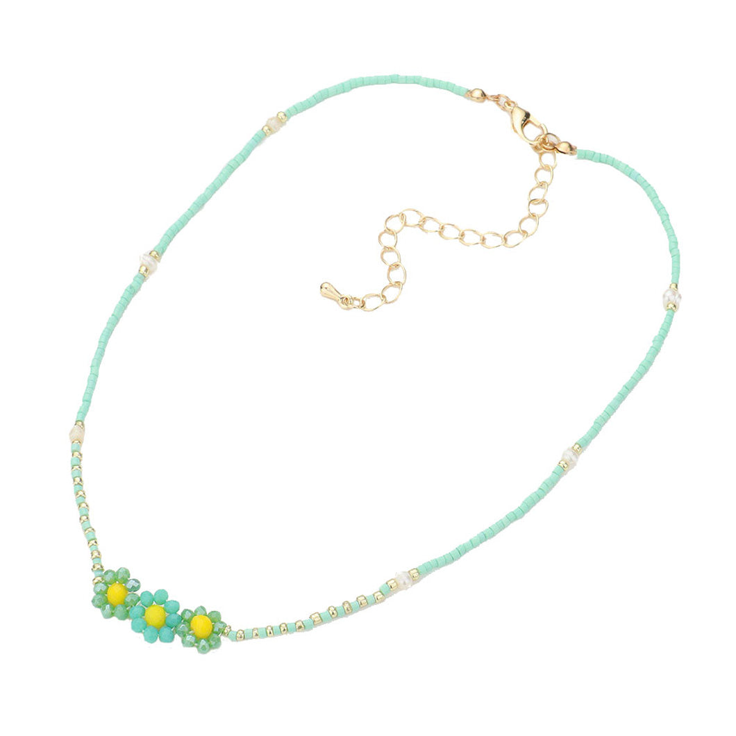 Mint Triple Flower Accented Freshwater Pearl Station Necklace, Get ready with these Pearl Necklace, put on a pop of color to complete your ensemble. Perfect for adding just the right amount of shimmer & shine and a touch of class to special events. Perfect Birthday Gift, Anniversary Gift, Valentine's Day Gift.