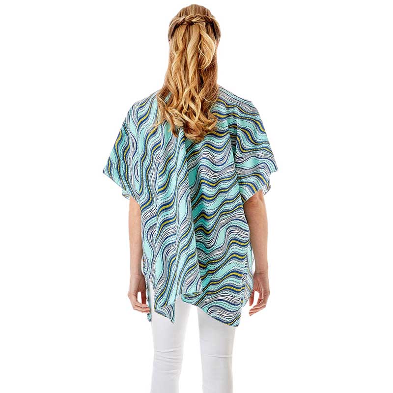 Mint Wavy Printed Lurex Cover Up Poncho Kimono Poncho. Lightweight and soft brushed fabric exterior fabric that make you feel more warm and comfortable. Cute and trendy Cardigan for women. Great for dating, hanging out, daily wear, vacation, travel, shopping, holiday attire, office, work, outwear, fall, spring or early winter. Perfect Gift for Wife, Mom, Birthday, Holiday, Anniversary, Fun Night Out.