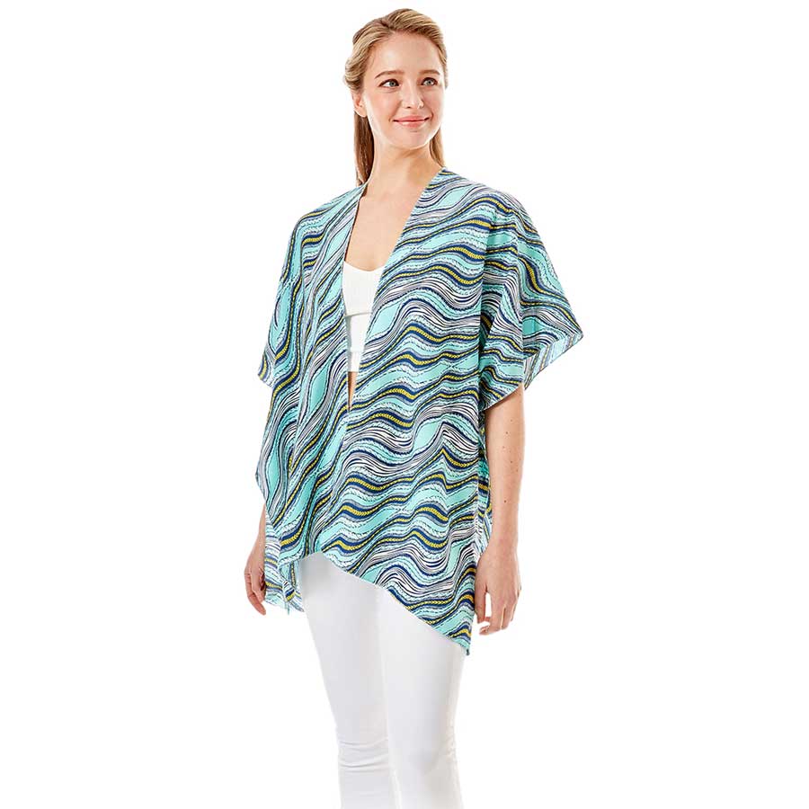 Mint Wavy Printed Lurex Cover Up Poncho Kimono Poncho. Lightweight and soft brushed fabric exterior fabric that make you feel more warm and comfortable. Cute and trendy Cardigan for women. Great for dating, hanging out, daily wear, vacation, travel, shopping, holiday attire, office, work, outwear, fall, spring or early winter. Perfect Gift for Wife, Mom, Birthday, Holiday, Anniversary, Fun Night Out.