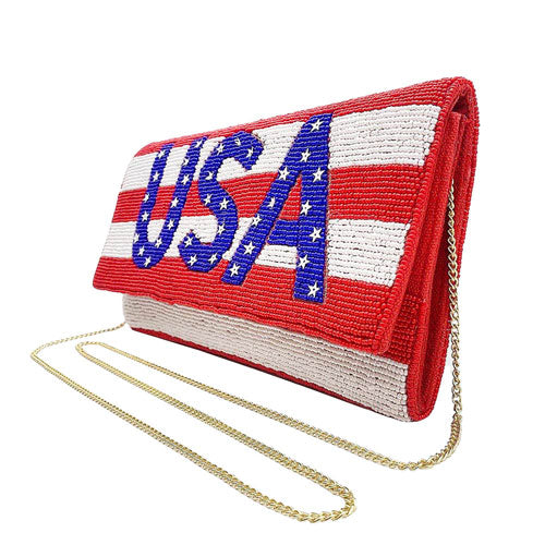 Multi American USA Flag Beaded Clutch Crossbody Bag. Look like the ultimate fashionista when carrying this small chic bag, great for when you need something small to carry or drop in your bag. Keep your keys handy & ready for opening doors as soon as you arrive. Perfect Birthday Gift, Anniversary Gift, Mother's Day Gift.