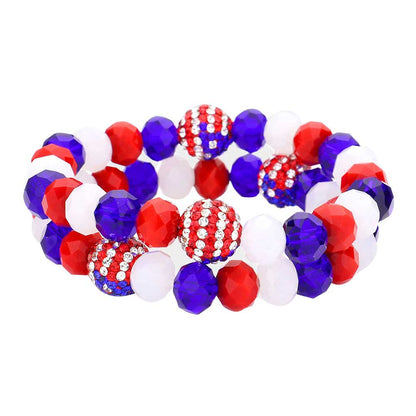 Multi 2PCS American USA Flag Shamballa Ball Stretch Bracelets, Add this 2 piece USA flag style Shamballa bracelet to light up any outfit, feel absolutely flawless. Coordinate with any ensemble from business casual to everyday wear. Show your love for your country with this patriotic bracelet. Featuring red, white and blue for a bit of fashionable fireworks flair. 